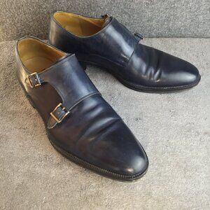 Magnanni Burnished Double Monk Strap Shoes Mens 8.5 Dark Blue Leather Dr…